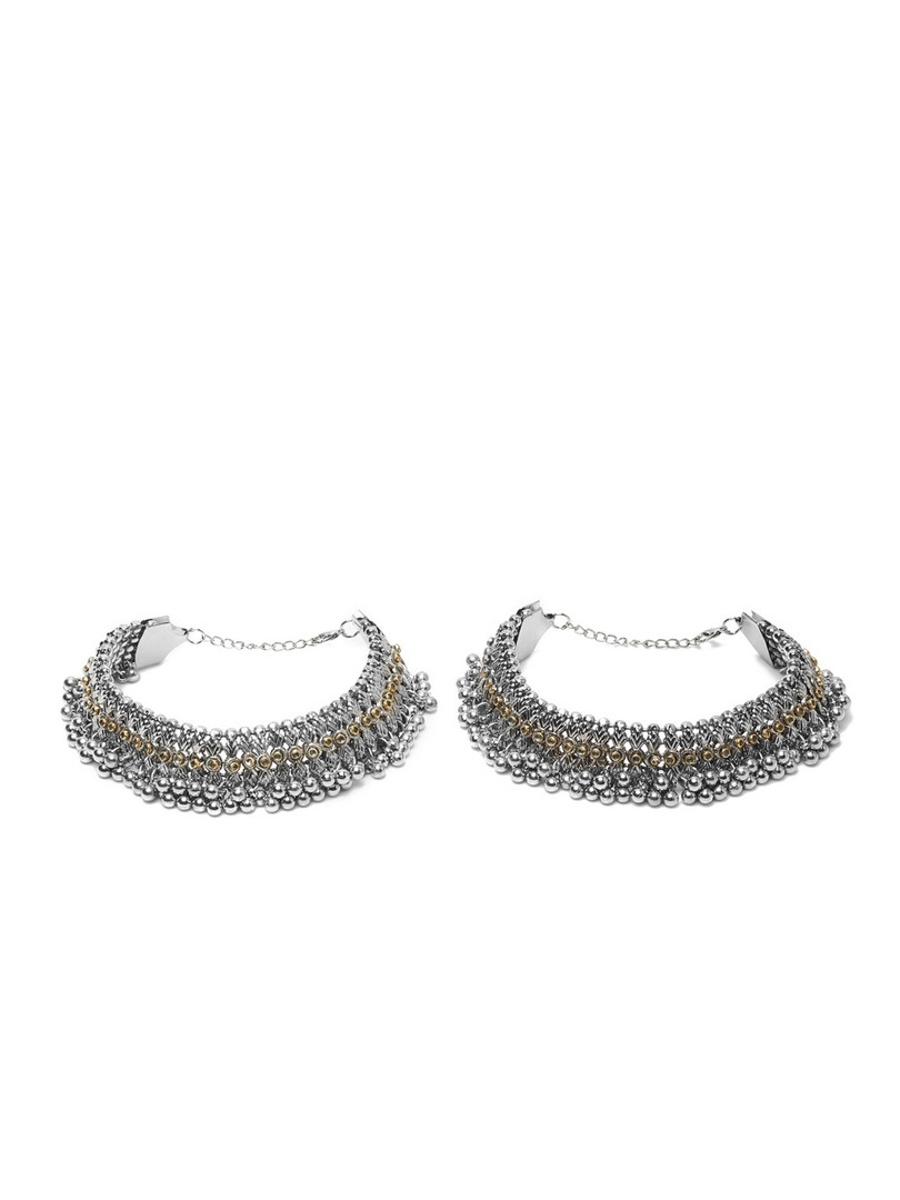 YouBella Set Of 2 Silver-Plated Stone Studded & Beaded Anklets