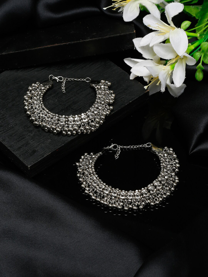 Anklets Sangria Set Of 2 German Silver Plated Beaded Oxidised Anklets