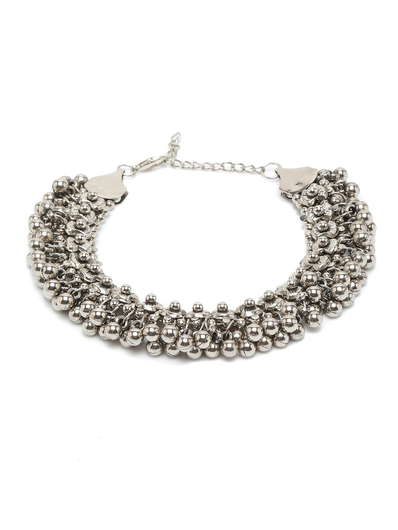 Sangria Set Of 2 German Silver Plated Beaded Oxidised Anklets