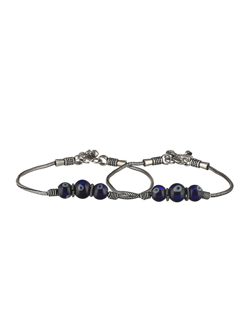 Saraf RS Jewellery Set Of 2 Silver-Plated & Beaded Evil Eye German Silver Anklet