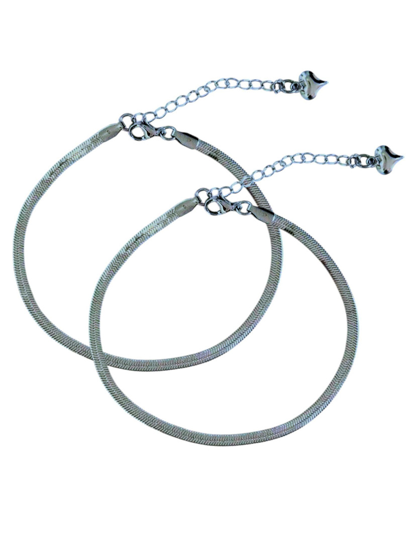 JEWILLEY Set Of 2 Stainless Steel Silver-Plated Anti-Tarnish Waterproof Chain Anklets