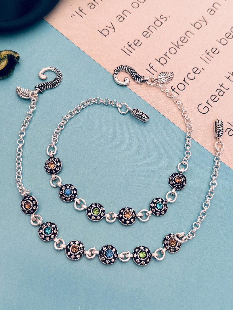 Sangria Set Of 2 Silver-Plated Stone Studded Anklets
