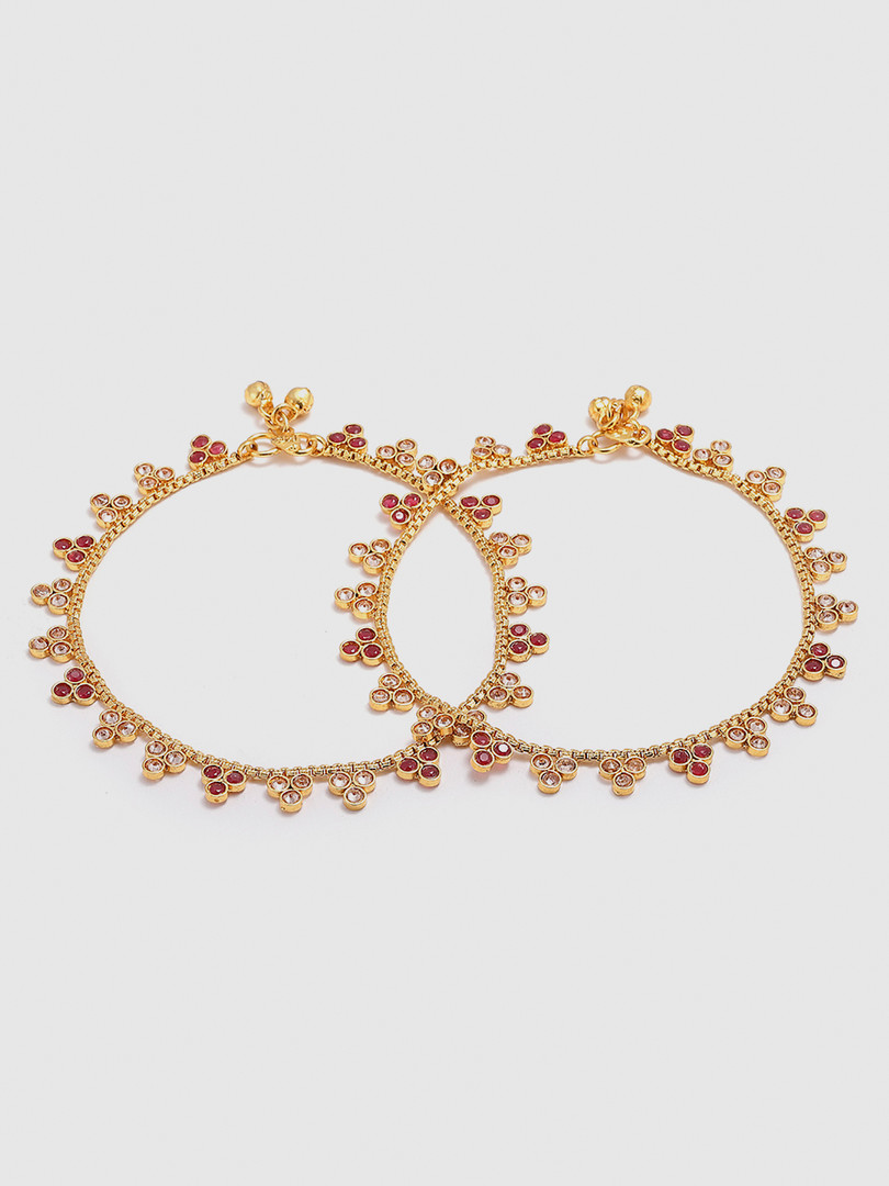 ZENEME Set Of 2 Gold-Plated Stone-Studded Beaded Handcrafted Anklets