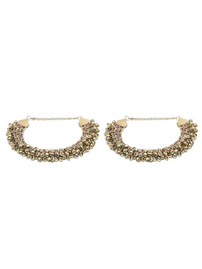 Sangria Set Of 2 German Silver Gold-Plated Oxidised Tribal Anklets