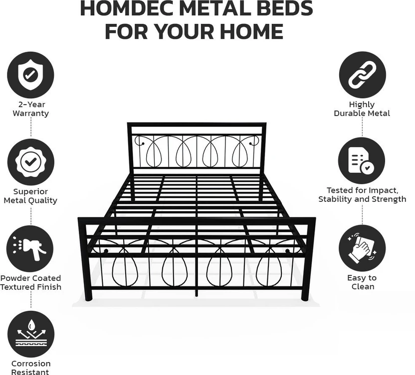 homdec Lyra Metal Queen Bed, 201 cm x 160 cm (6.59 ft x 5.25 ft) ...more