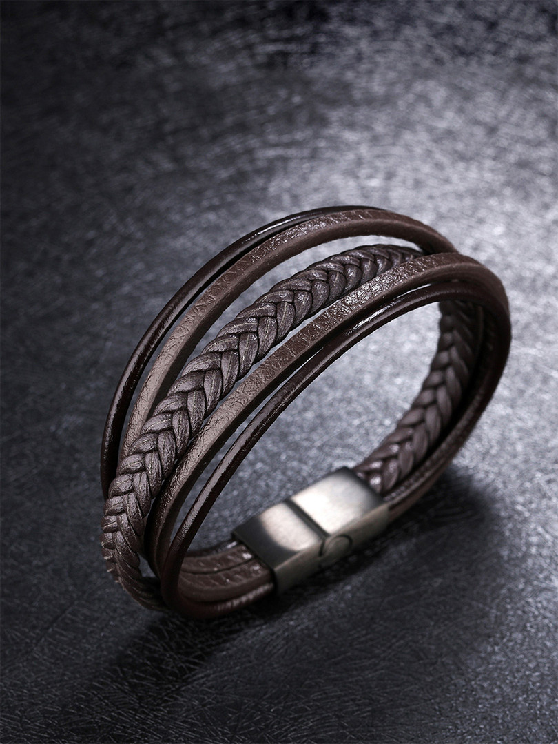 Yellow Chimes Men Brown Leather Wraparound Bracelet