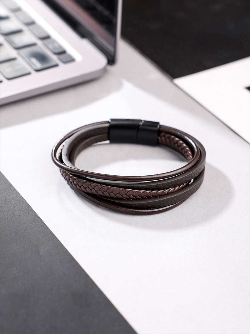Yellow Chimes Men Brown Leather Wraparound Bracelet
