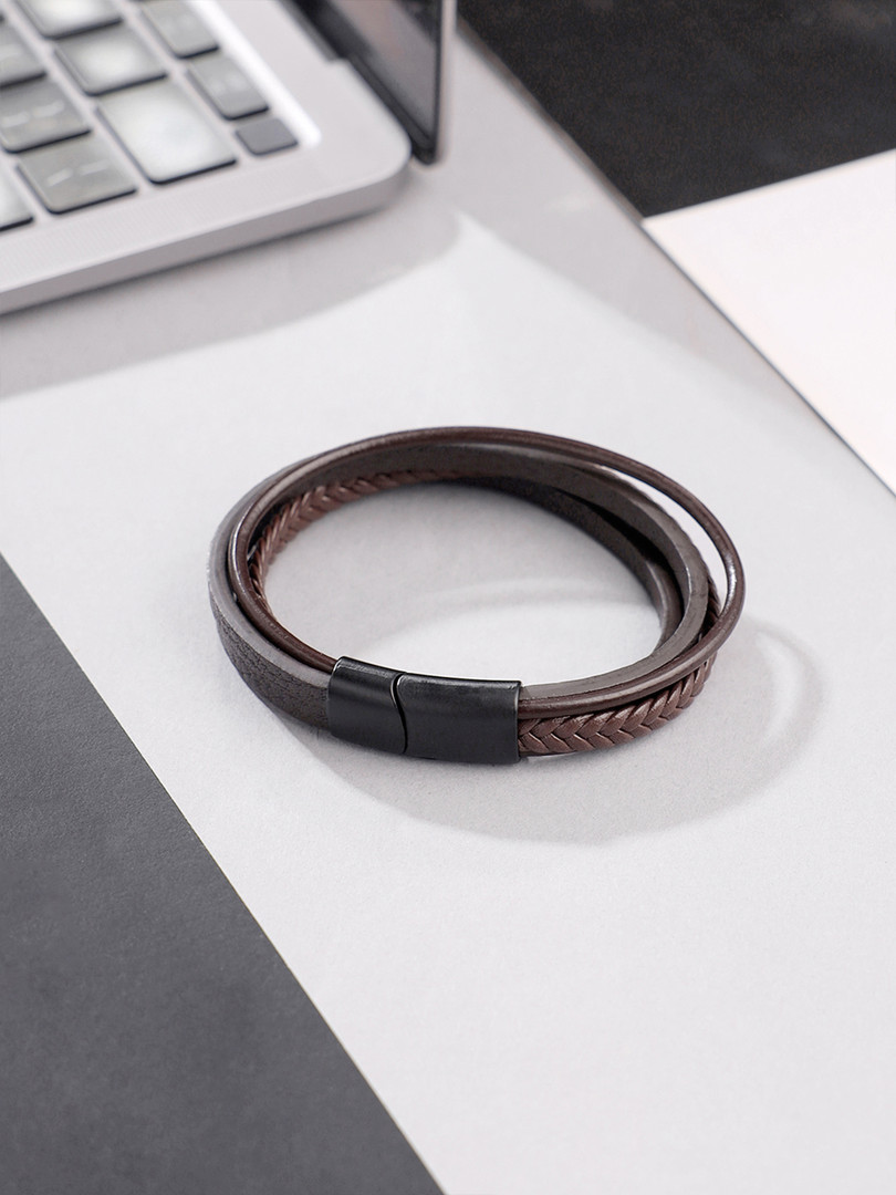 Yellow Chimes Men Brown Leather Wraparound Bracelet