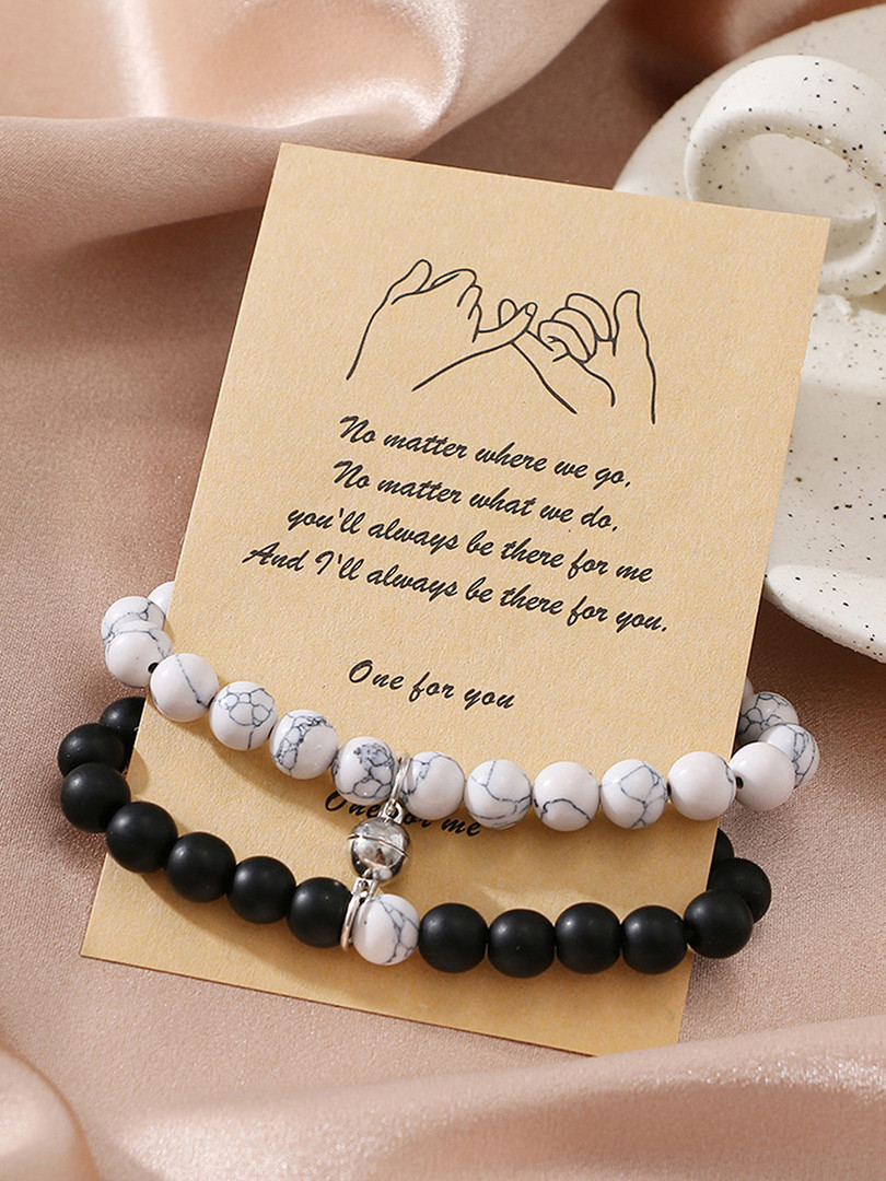 Yellow Chimes Unisex Set Of 2 Black & White Rhodium-Plated Couple Magnetic Bracelets