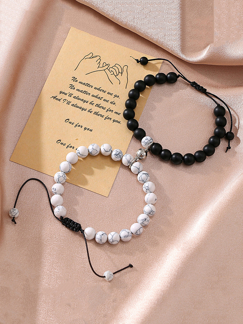 Yellow Chimes Unisex Set Of 2 Black & White Rhodium-Plated Couple Magnetic Bracelets
