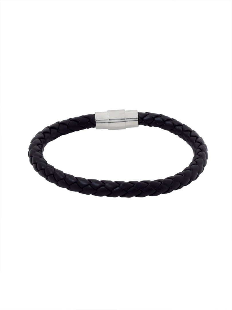 Yellow Chimes Men Black Leather Strand Bracelet