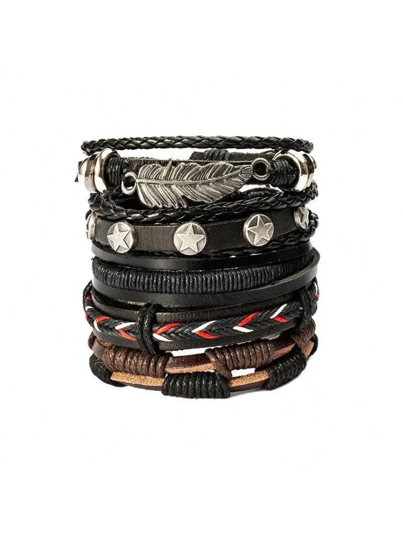 YouBella Men Set Of 5 Leather Wraparound Bracelet