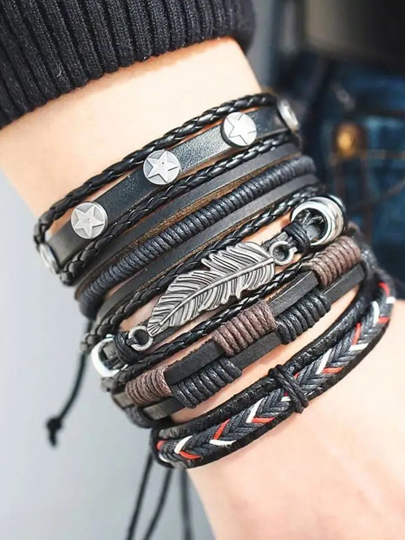 YouBella Men Set Of 5 Leather Wraparound Bracelet