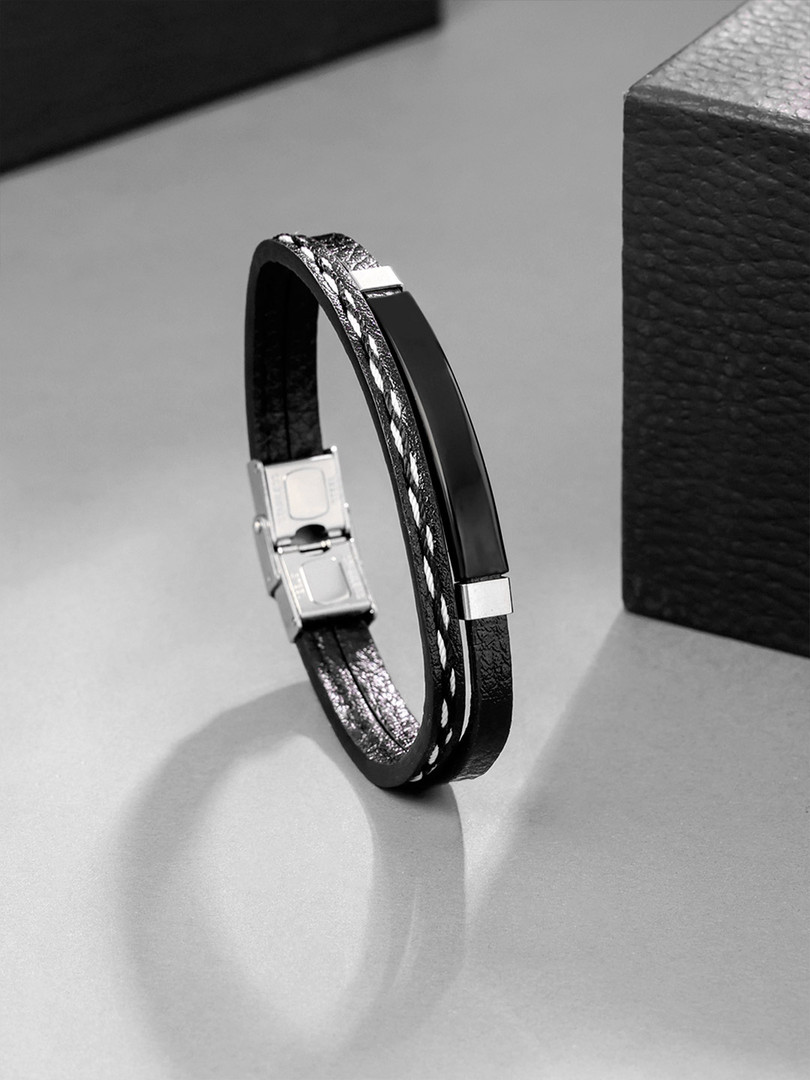 Yellow Chimes Men Black & Silver-Toned Stainless Steel Wrist Leather Wraparound Bracelet