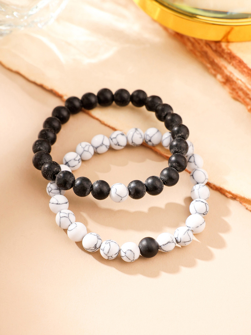Yellow Chimes Unisex Set of 2 Black & White Bracelet Devine Beads Couple Bracelets
