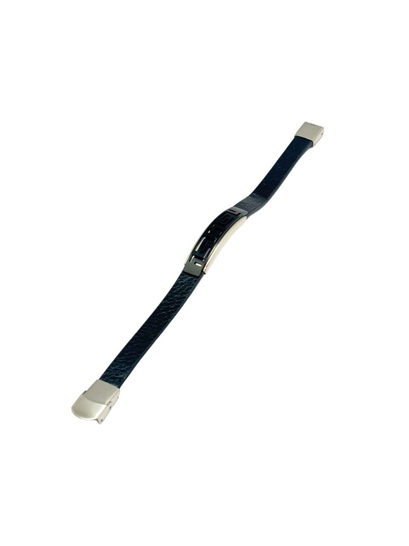 The Tie Hub Men Silver-Plated Greek Key Plate Design Faux Leather Wraparound Bracelet