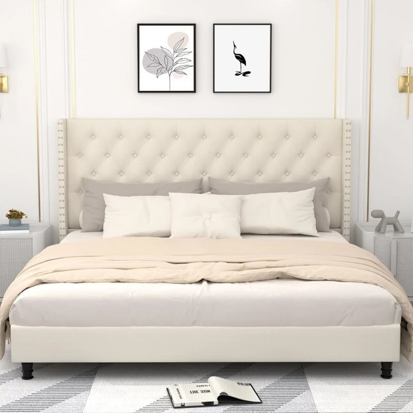 Taskwood Furniture Fabric Queen Size Bed With Diamond Line Headbo...more