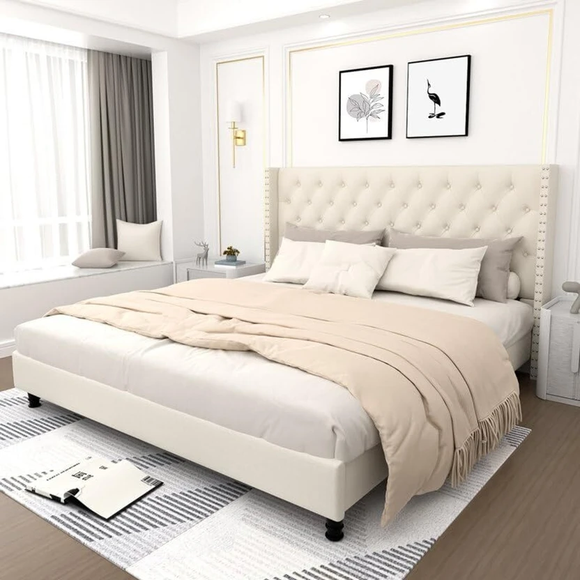 Taskwood Furniture Fabric Queen Size Bed With Diamond Line Headbo...more