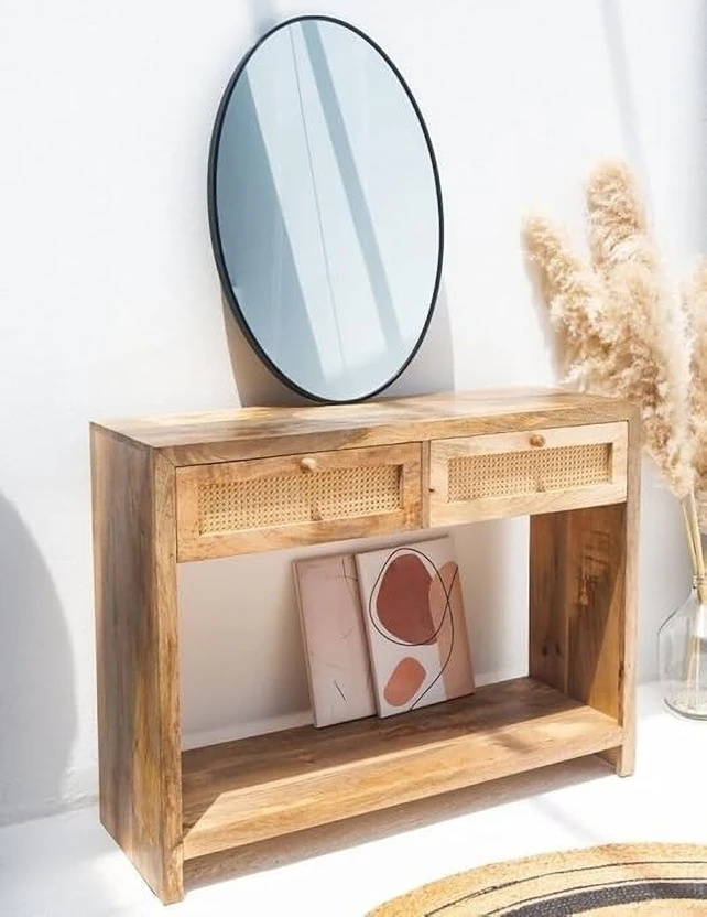 Home wood Console Table | Brass Knob | Cane Webbing | Natural Fin...more