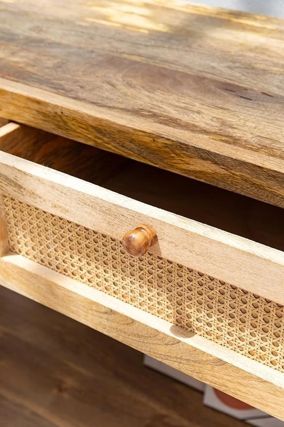 Home wood Console Table | Brass Knob | Cane Webbing | Natural Fin...more