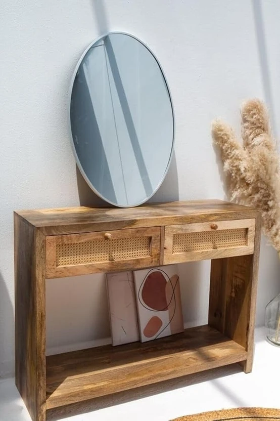 Home wood Console Table | Brass Knob | Cane Webbing | Natural Fin...more
