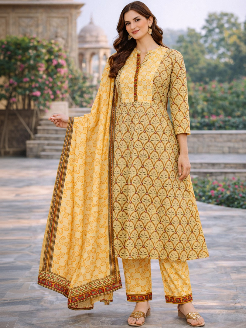 Divyanti Designs Women Printed Regular Pure Cotton Kurta with Trousers & With Dupatta