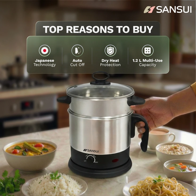 Sansui Steel Pro Multi Cooker Electric Kettle (1.2 L, Black & Sil...more