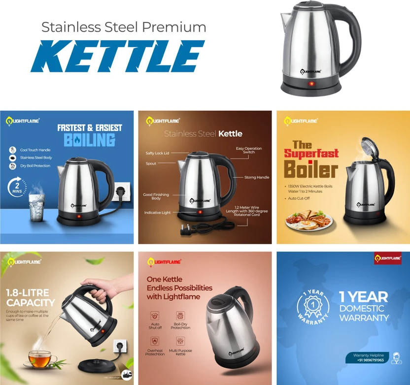 LIGHTFLAME 1.8 Lit. Capacity Electric Kettle (1.8 L, Black, Silve...more