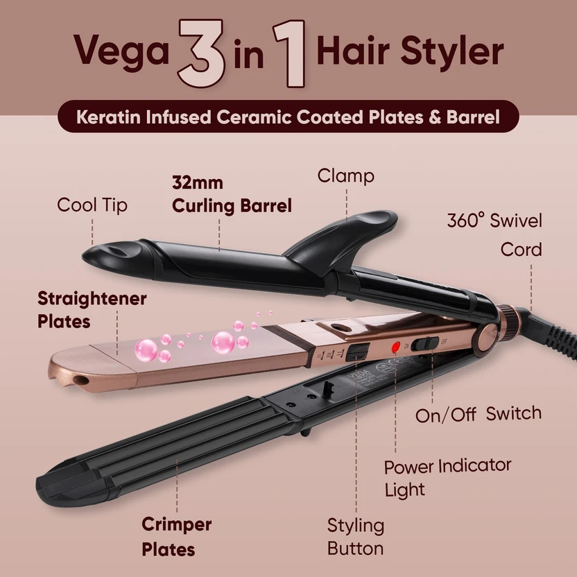 VEGA Keratin 3 in 1 Styler - Curler & Crimper VHSCC-03 Hair Strai...more