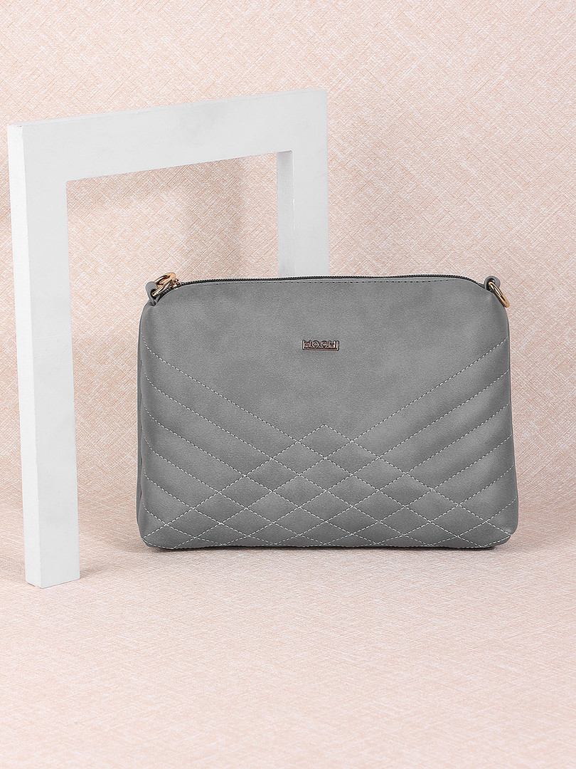 Mochi Grey Embellished Structured Sling Bag with Quilted