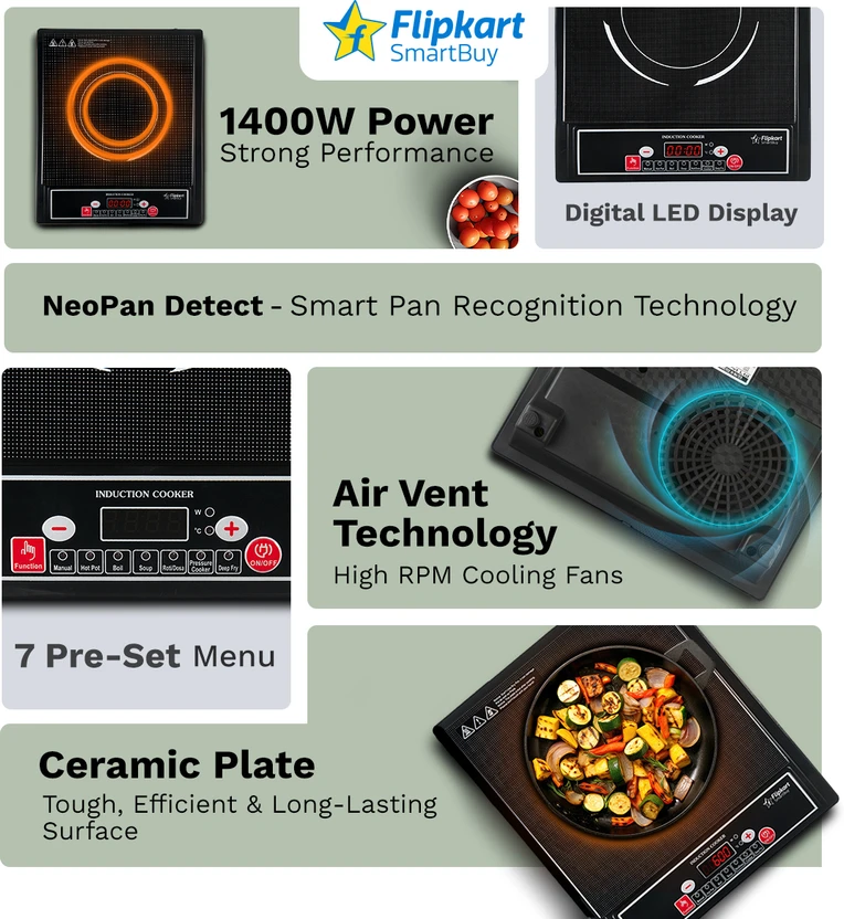 Flipkart SmartBuy 1400 W Induction Cooktop Push Button (Black, Po...more