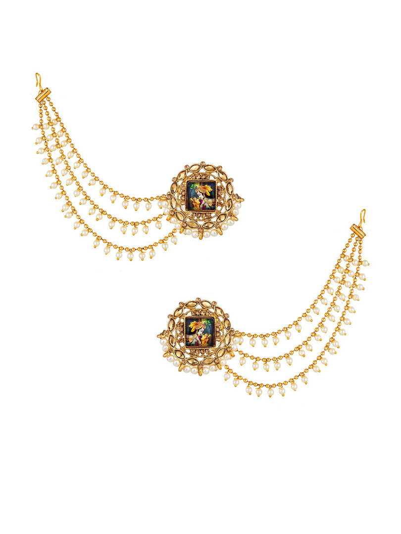 aadita Gold-Plated Circular Studs Earrings With Hair Chained