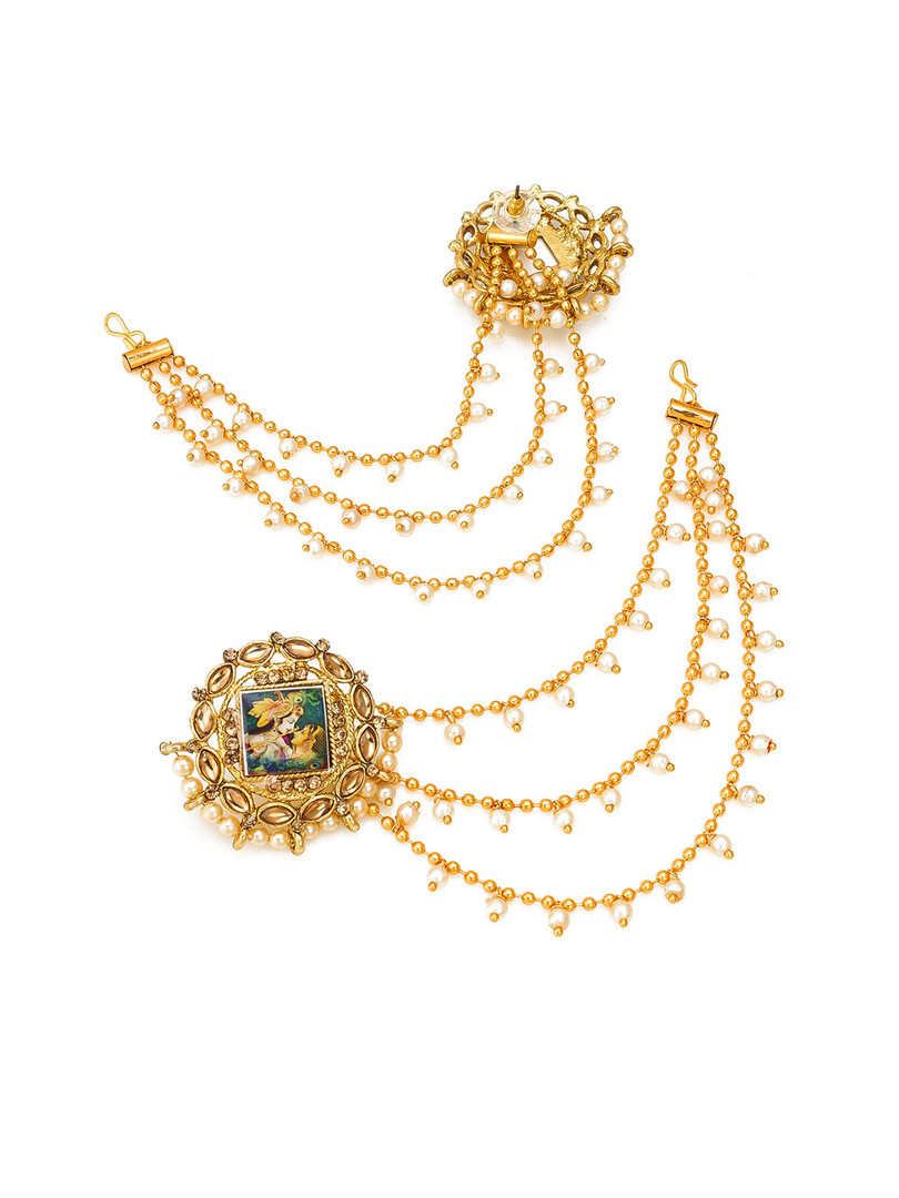 aadita Gold-Plated Circular Studs Earrings With Hair Chained
