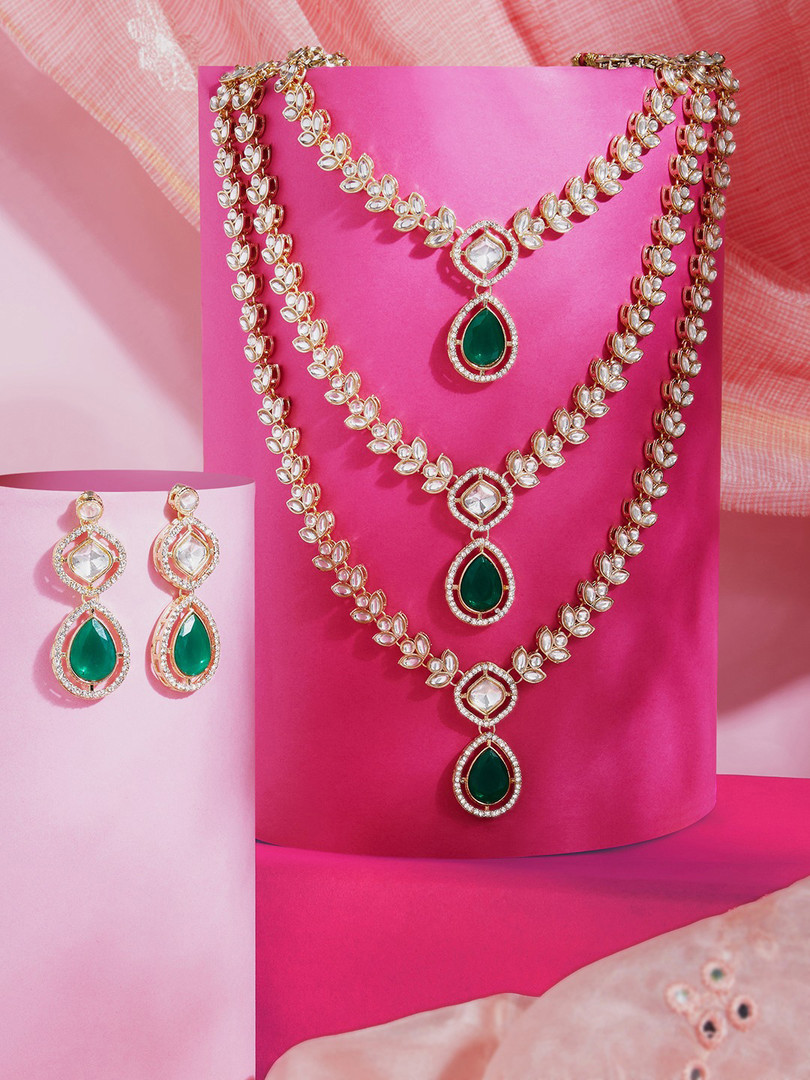 Jewellery Zaveri Pearls Gold-Plated Austrian Diamond Stone Studded Layered Jewellery Set