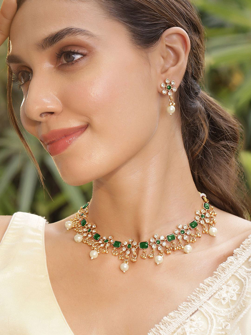 Rubans 22K Gold Plated Emerald & Zirconia Studded Necklace Set with Gold & Pearl Beaded