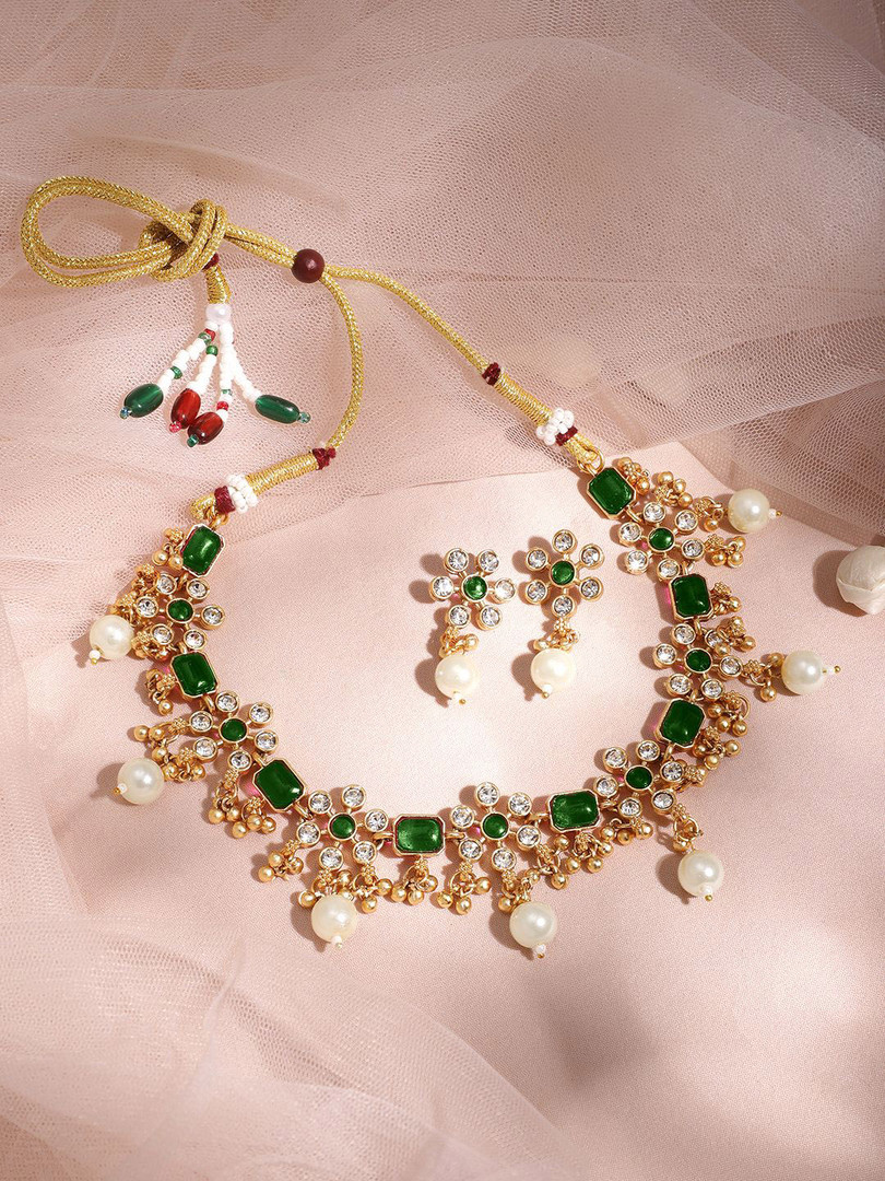 Rubans 22K Gold Plated Emerald & Zirconia Studded Necklace Set with Gold & Pearl Beaded
