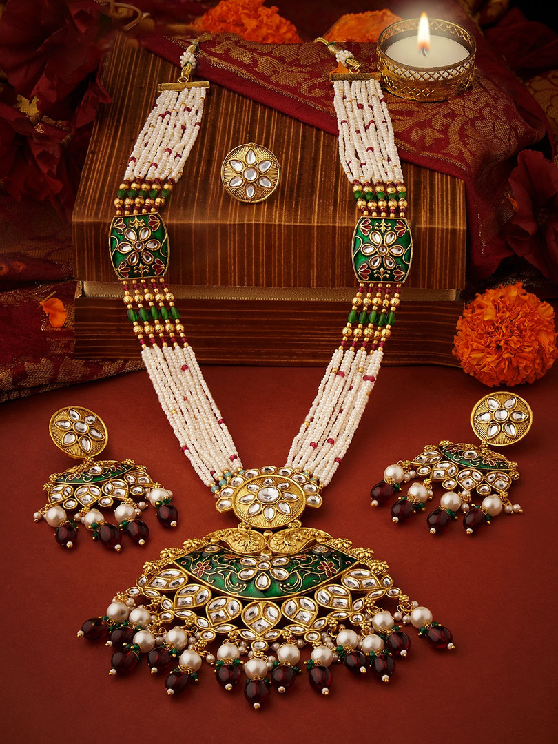 Zaveri Pearls Gold-Plated Kundan-Studded & Beaded Meenakari Jewellery Set