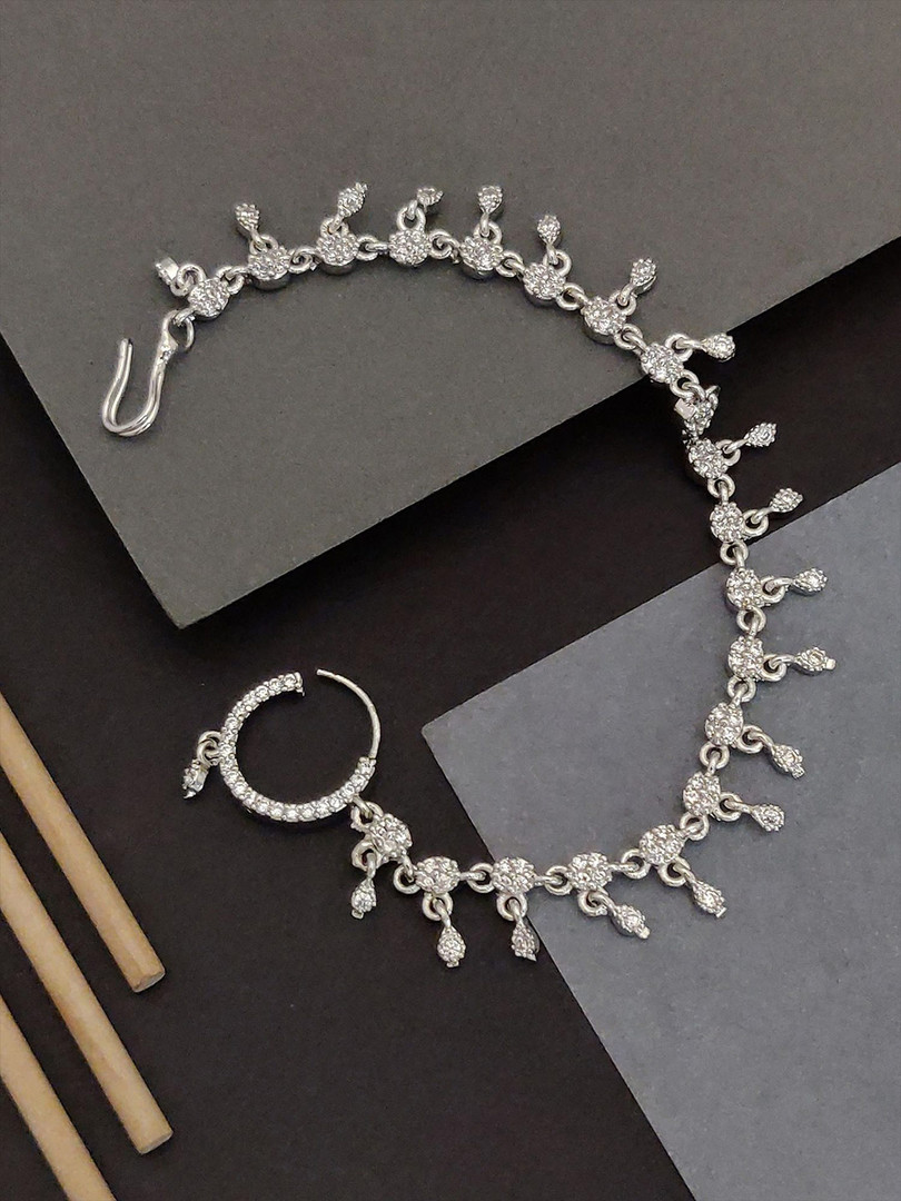 ABDESIGNS Silver-Plated Cubic Zirconia Studded Chained Nosepin