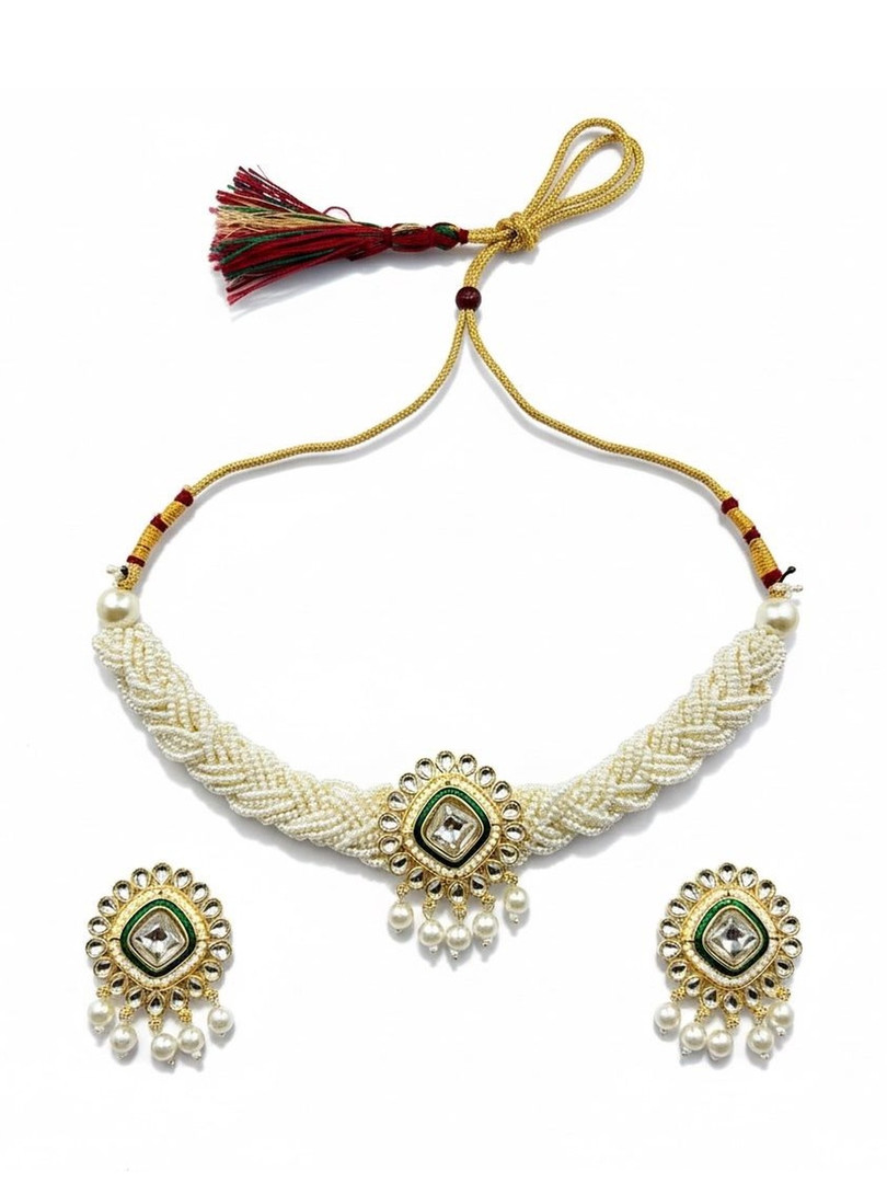 ANTIQUE JEWELLERY Gold-Plated Kundan Necklace and Earrings