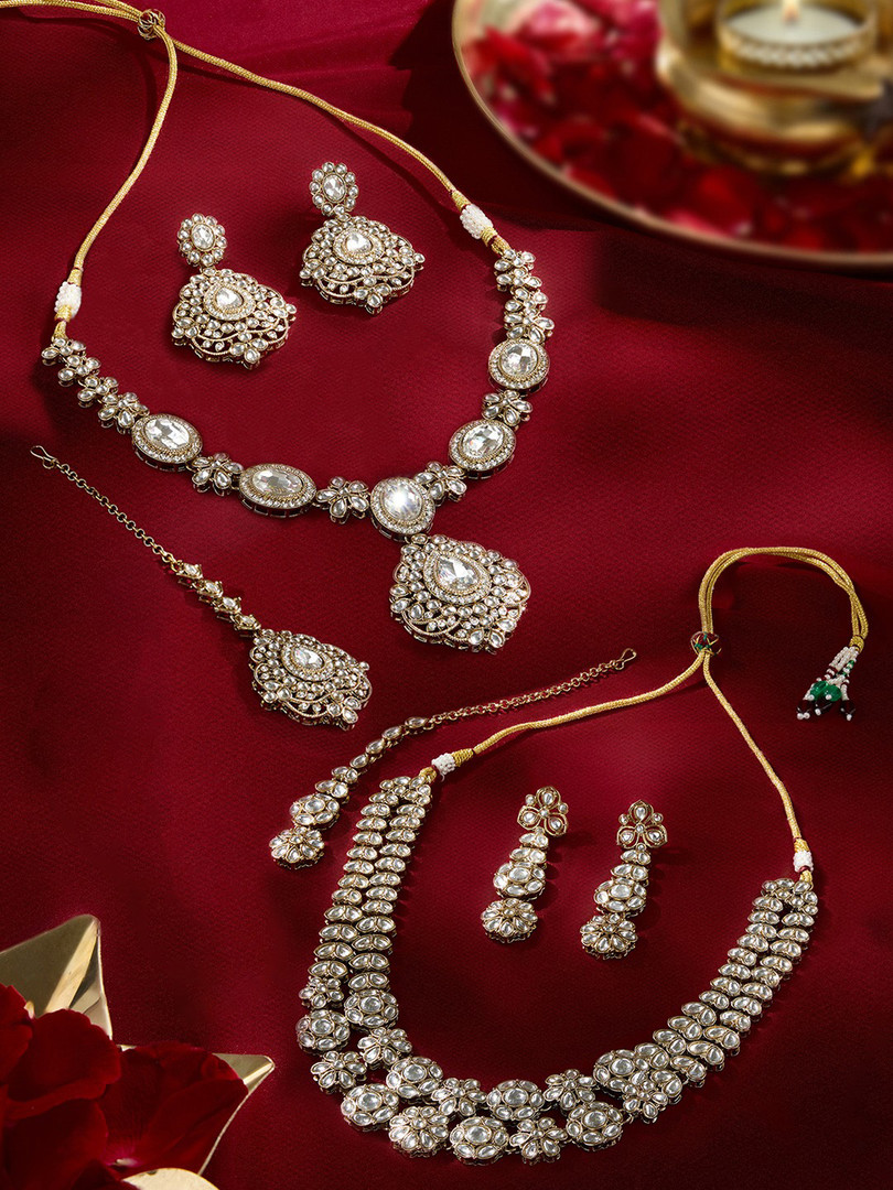 Jewellery Zaveri Pearls Set Of 2 Gold-Plated Stone Studded Jewellery Sets