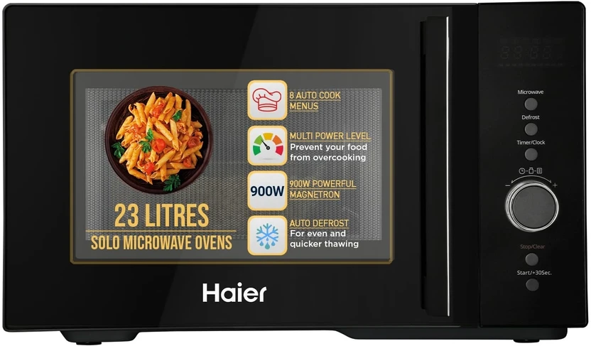 Haier 23 L 900 Watt Magnetron, 5 Power Levels, 8 Auto Cook Menus ...more