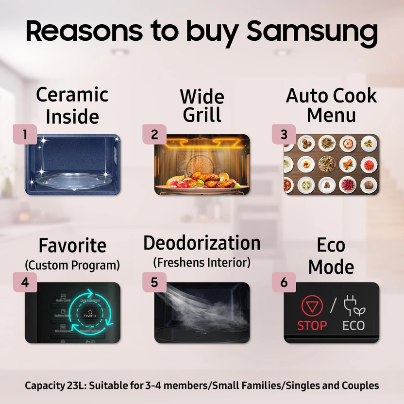Samsung 23 L Auto Cook Programs, Child Safety Lock, Memory Featur...more