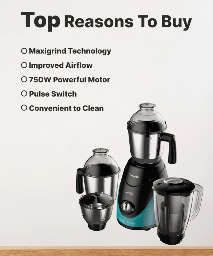 Crompton Ameo 750 W Mixer Grinder (ACGM-AMEO-4 JARS | 4 Jars | Bl...more