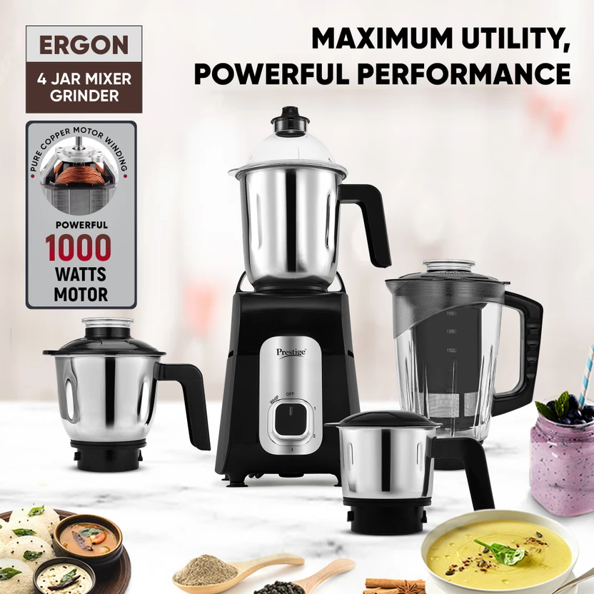 Prestige All-in-One 1000 W Juicer Mixer Grinder (Ergon | 4 Jars |...more