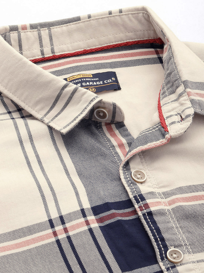 The Indian Garage Co Men Cream-Coloured & Navy Blue Tartan Checked Shirt