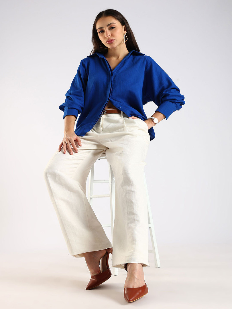 HERE&NOW Women Oversized Fit Solid Spread Collar Cotton Casual Shirt