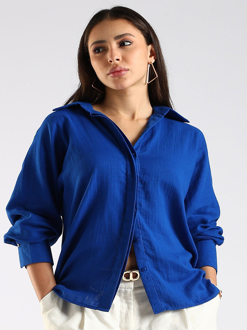 HERE&NOW Women Oversized Fit Solid Spread Collar Cotton Casual Shirt