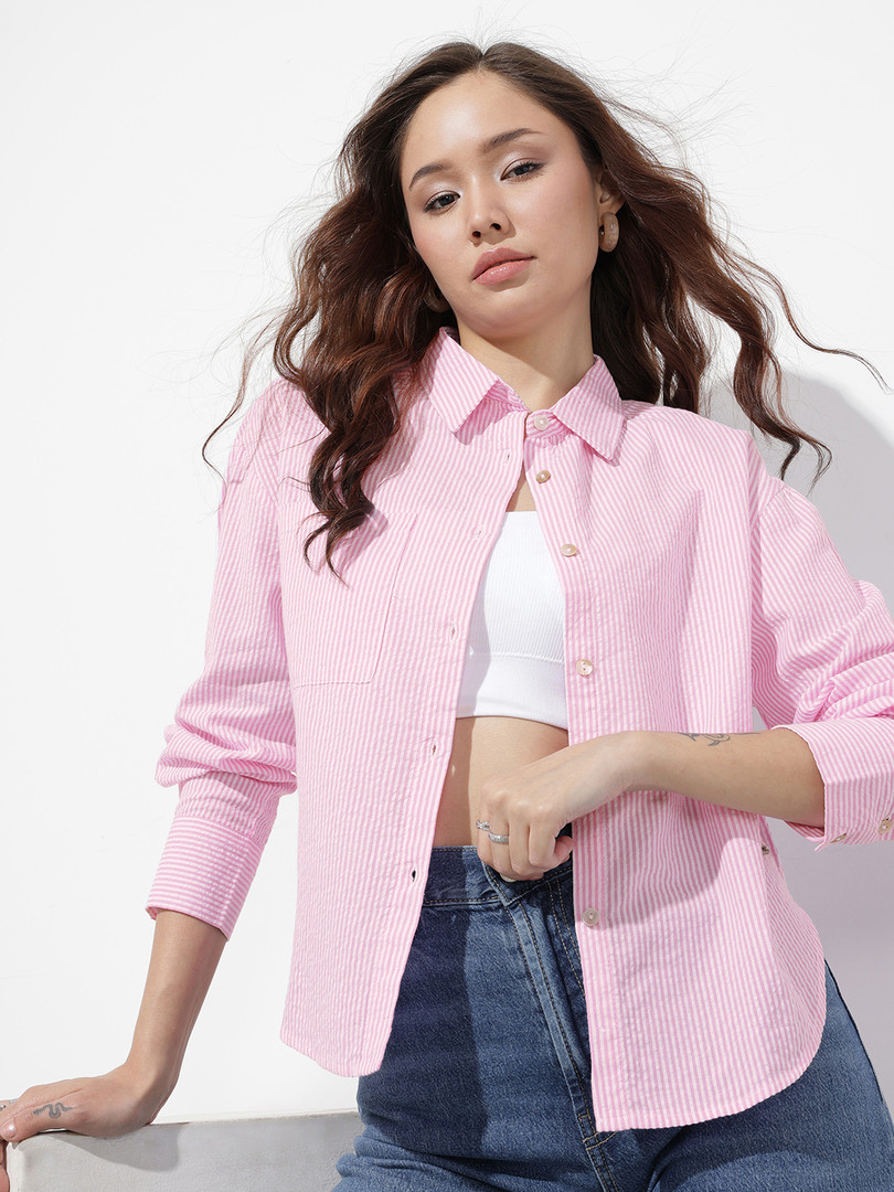 Shirt Roadster The Life Co. Oversized Striped Seersucker Pure Cotton Shirt