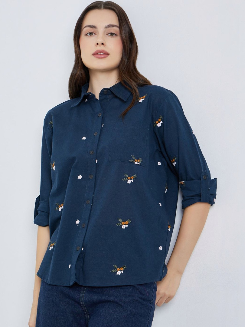 Shirt Styli Women Navy Blue Floral Embroidered Spread Collar Roll-Up Sleeves Cotton Casual Shirt