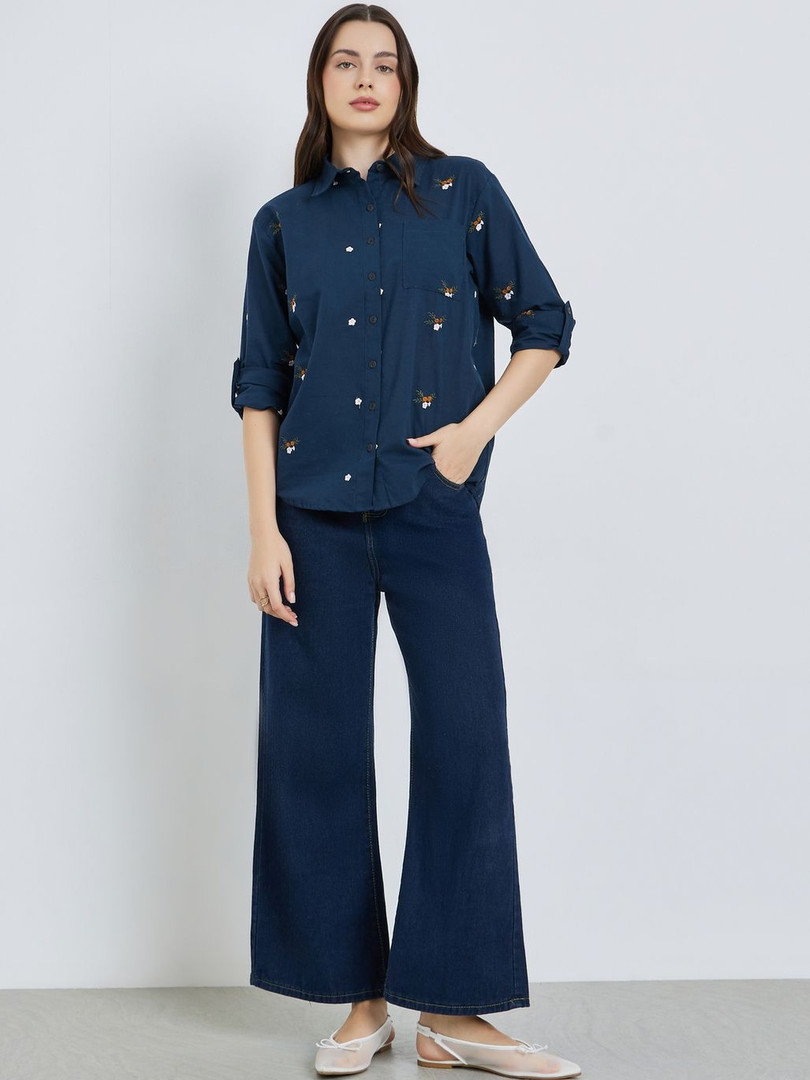Styli Women Navy Blue Floral Embroidered Spread Collar Roll-Up Sleeves Cotton Casual Shirt